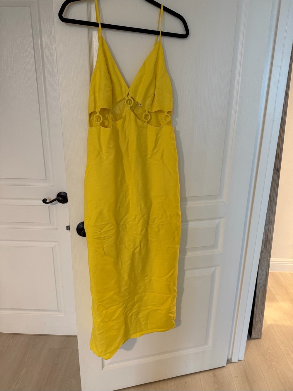 Bright Yellow Spaghetti-Strap Midi Dress with Waist Cutouts